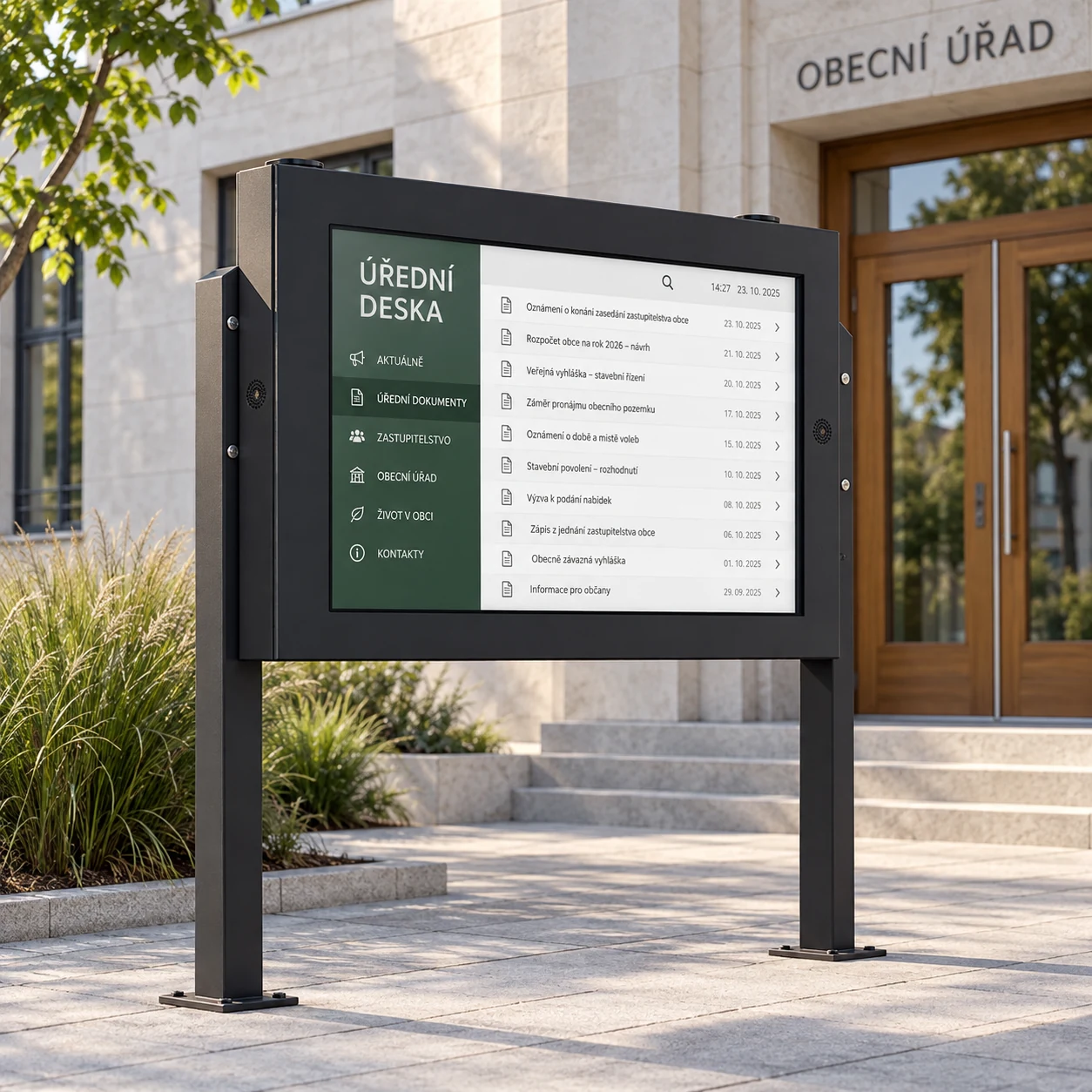 Vizualizace digitální úřední desky před obecním úřadem